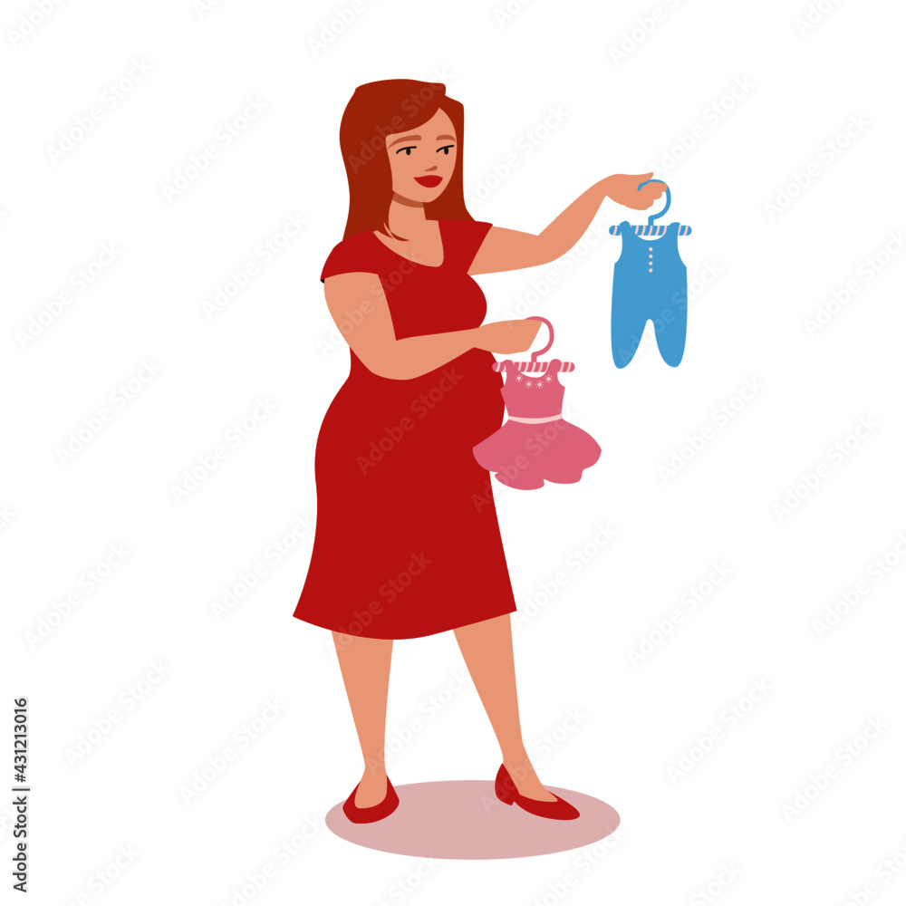 Happy pregnant woman. Pretty future mother is curious if it is a girl or a baby. There could be twins. Vector illustration isolated on white background. Happy pregnant woman. Pretty future mother is curious if it is a girl or a baby. There could be twins. Vector illustration isolated on white background.