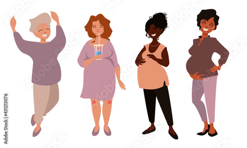 Group of happy multinational pregnant women of different age and background. Vector illustration isolated on white background.