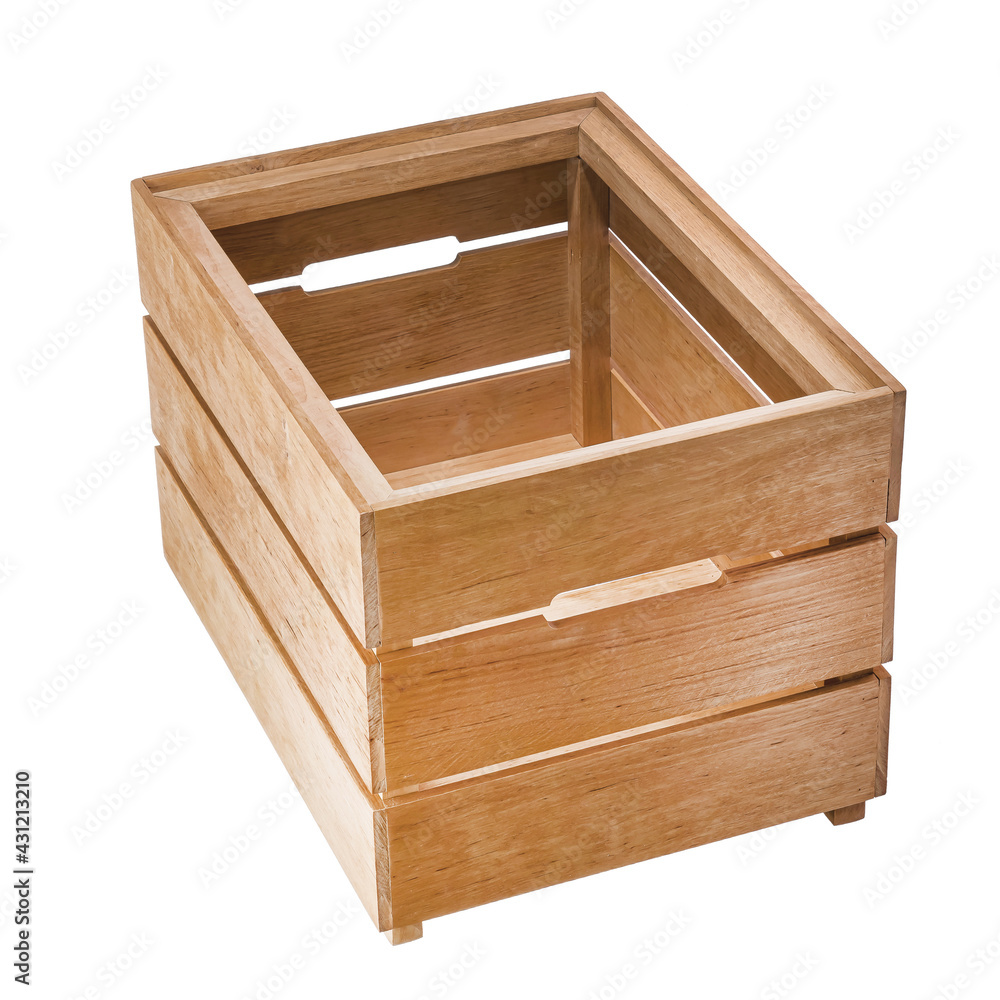 A brown wooden box for storing and transporting goods and products. White isolated background A brown wooden box for storing and transporting goods and products. White isolated background