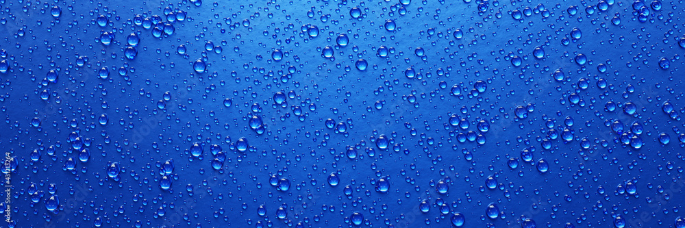 A lot of water droplets On metal or metalic surfaces in blue and dark blue shades for mobile background or wallpaper. 3D Rendering.