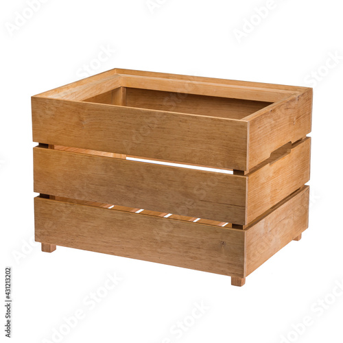 A brown wooden box for storing and transporting goods and products. White isolated background