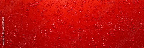 A lot of water droplets On metal or metallic surfaces in red and dark red shades for mobile smartphone background or wallpaper. 3D Rendering.