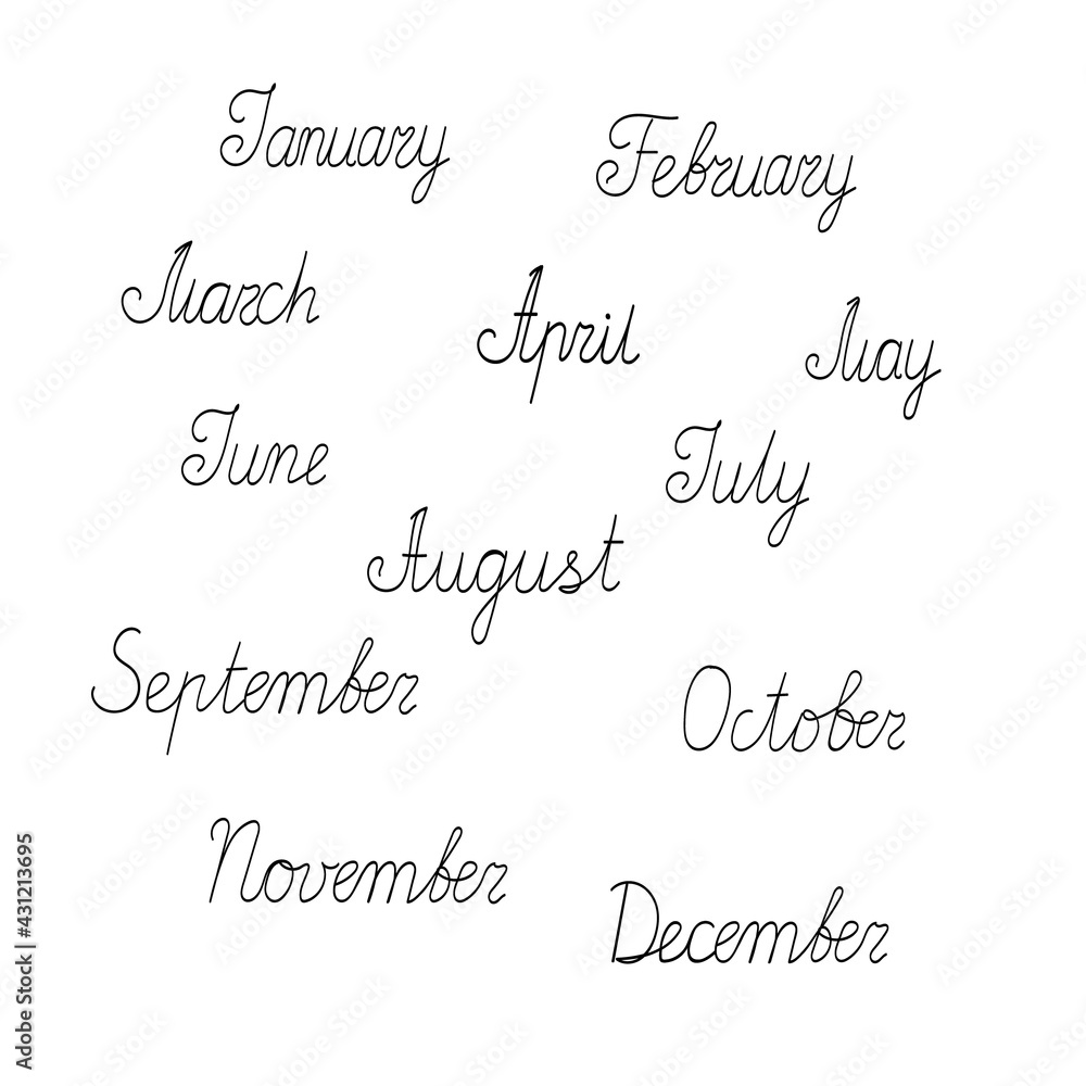 Months of the year names set, hand drawn vector illustration, calligraphic lettering for planner, calendar, schedule, timetable