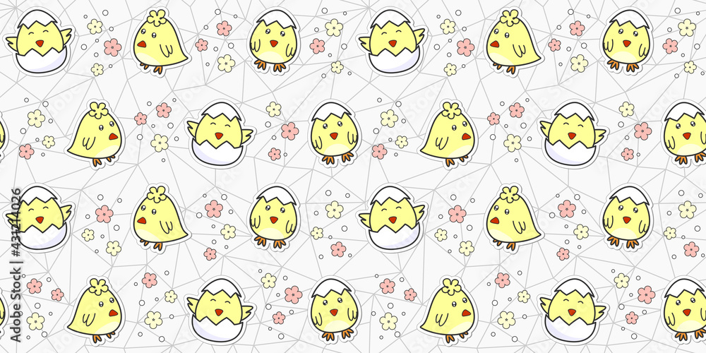 Fototapeta premium Cute chick hatching from an egg and flowers on a gray geometric polygonal background. Vector seamless pattern for cover, wrapping paper, packaging, wrapper, surface texture, website wallpaper or print