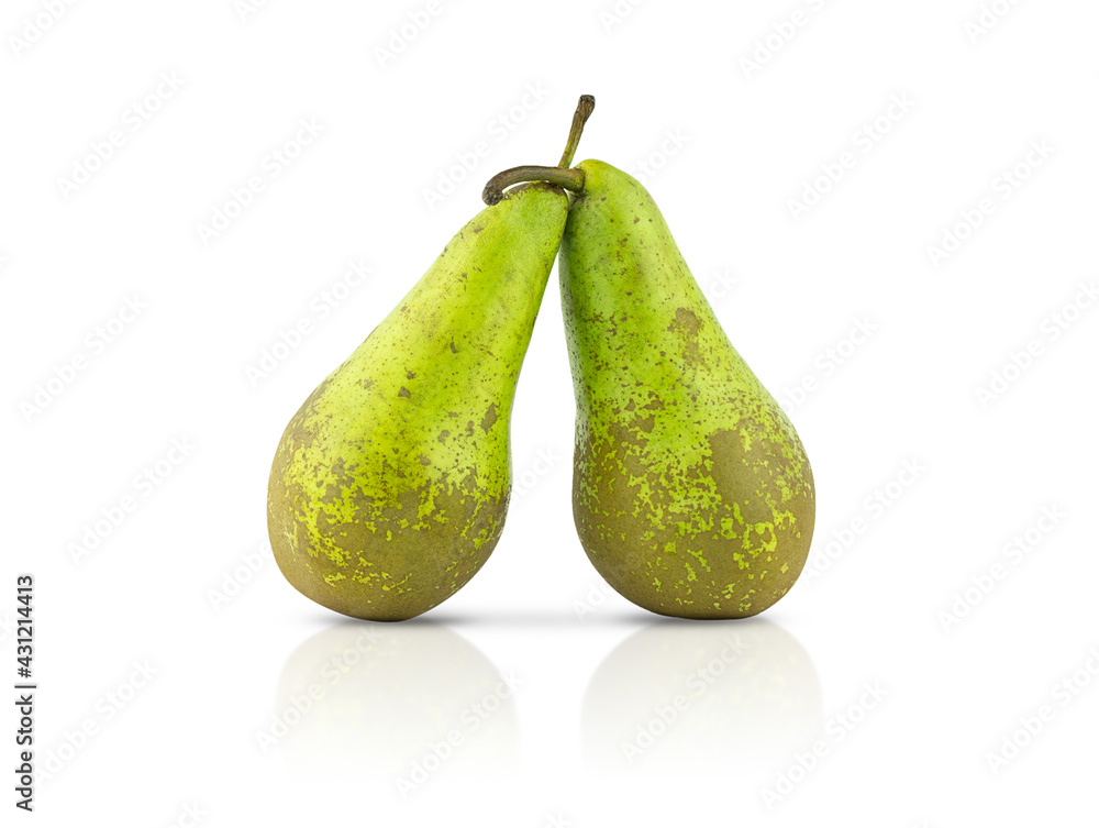 Two whole pears isolated on a white background. Top view. Two whole pears isolated on a white background. Top view.