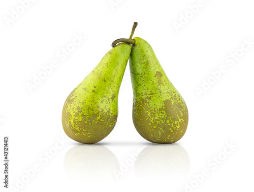 Two whole pears isolated on a white background. Top view.