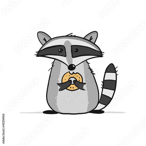 Funny Racoon character with cookie. Isolated on white.