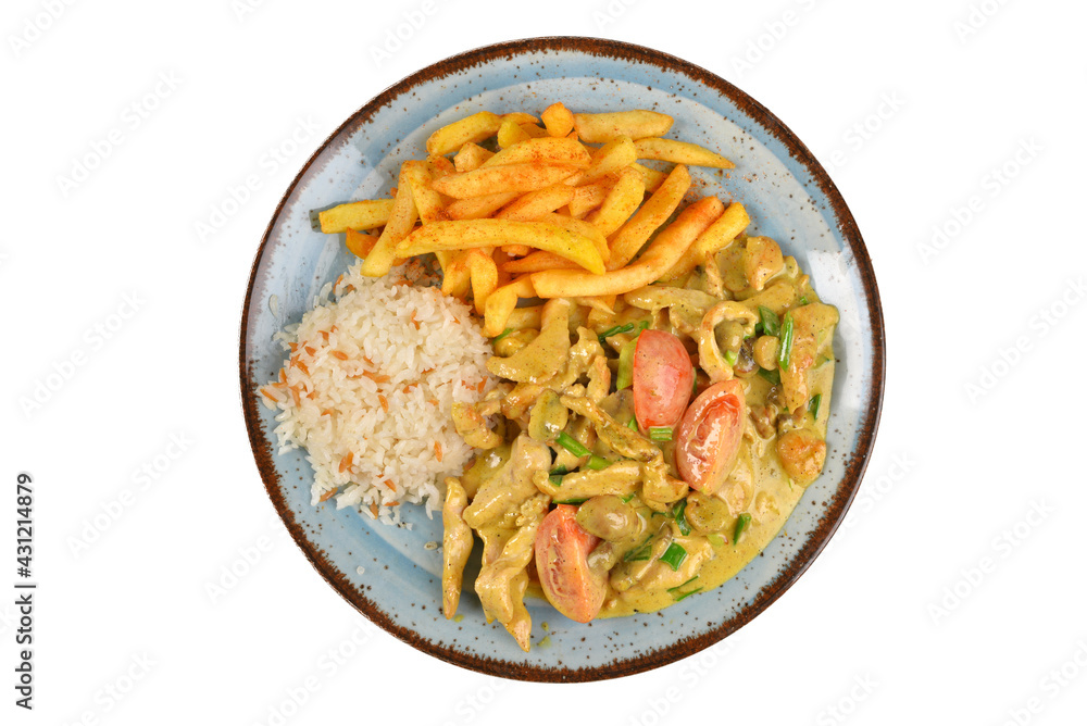 Roasted chicken breast with curry sauce and with rice. top view white background. Roasted chicken breast with curry sauce and with rice. top view white background.