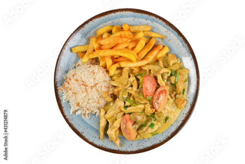 Roasted chicken breast with curry sauce and with rice. top view white background.
