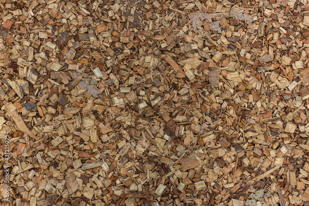 Texture of wooden sawdust of large fraction. A bunch of wood chip. Sawdust or wood dust texture background. Natural floor sensory path, barefoot on sawdust. 
