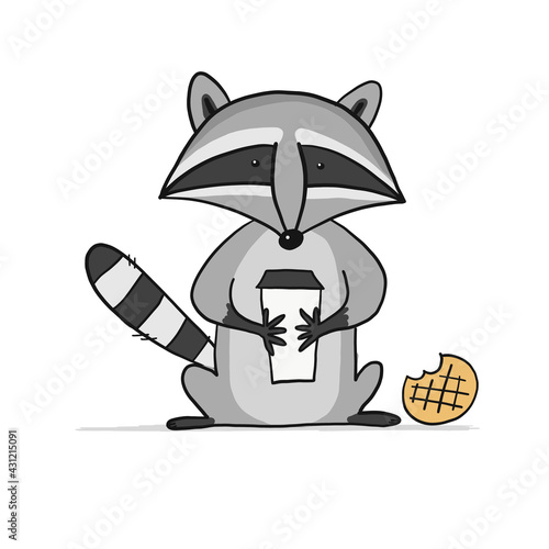 Funny Racoon character with coffee and cookie. Isolated on white.