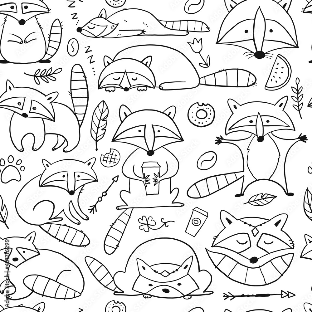 Racoons Family. Funny Characters. Seamless pattern for your design