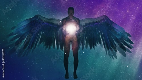Winged angel being holding divine galaxy