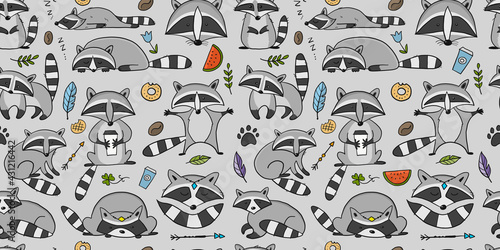 Racoons Family. Funny Characters. Seamless pattern for your design