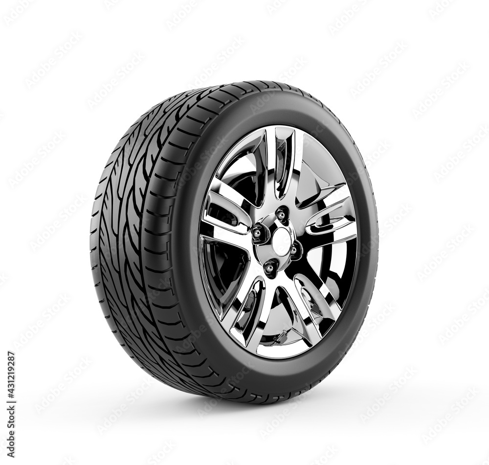 Car Wheel on white, New shiny tires. 3d rendering