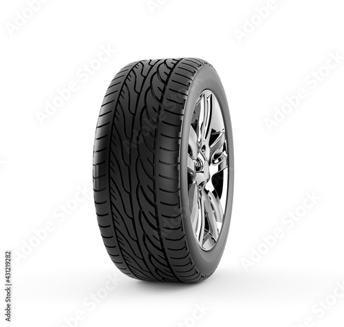 Car Wheel on white, New shiny tires. 3d rendering © Chanchai