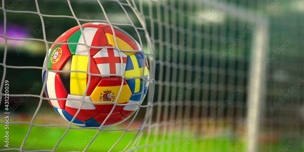Fototapeta premium Football ball with flags of european countries in the net of goal of football stadium. Euro championship 2021.