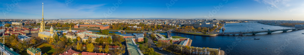 Peter and Paul Fortress and Peter and Paul Cathedral, Aerial drone view. St. Petersburg