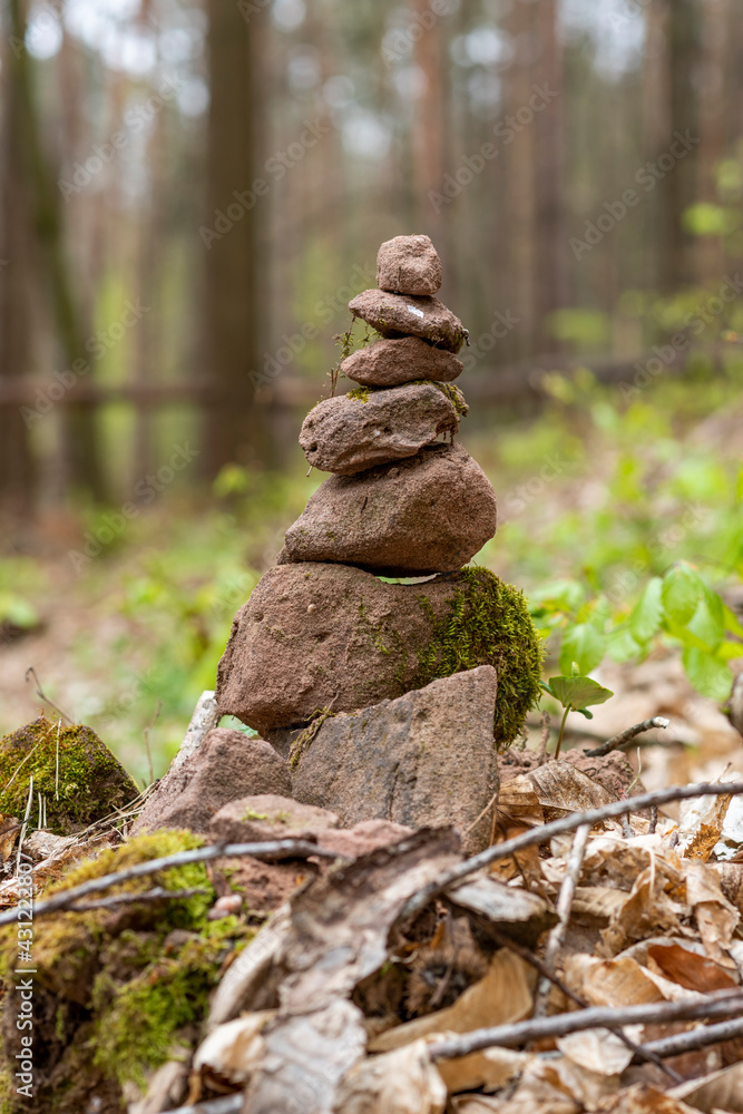 Tower of stacked sandstones on the forest floor Tower of stacked sandstones on the forest floor