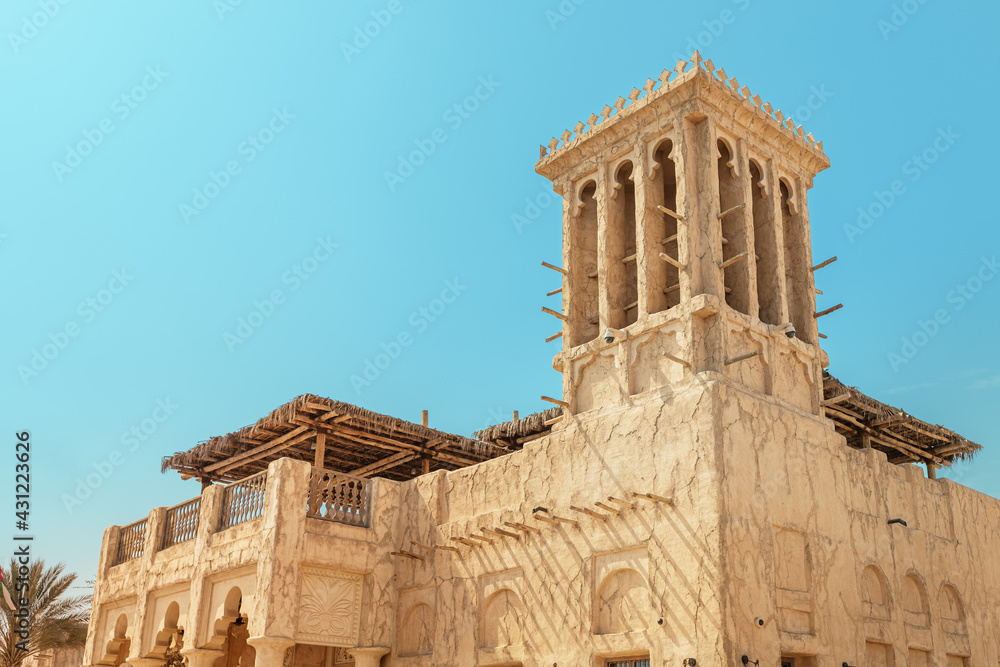 Traditional architecture of wind towers in Dubai and the UAE, used as ancient air conditioners