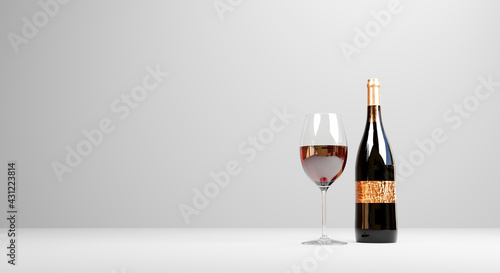 Red wine glasses and bottle isolate white background - 3D render