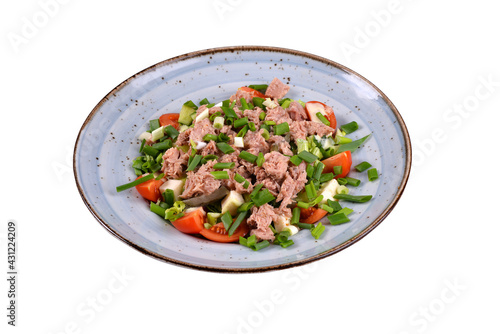 Turkish tuna fish salad. Homemade tuna salad organic vegetables. top view white background. Turkish cuisine salads