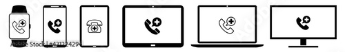 Display Calling, First, Aid, Help, Emergency, Hotline, Icon Devices Set | Web Screen Telephone, Call, Sos Device Online | Laptop Vector Illustration | Mobile Phone | PC Computer Tablet Sign Isolated