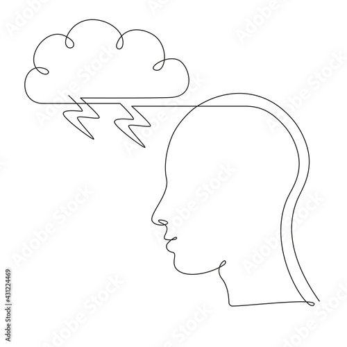 Human head with storm cloud in one line drawing style. Mindfulness and stress management in psychology. Bad thoughts and feelings. Concept of Mental illness. Vector illustration