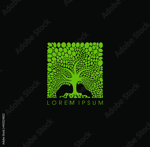 Square tree company logo. Tree in Square shape in green color on black background. tree Square company logo with dummy text. 