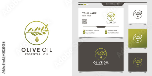 Olive logo combined with water drop style and circle concept, Olive oil logo and business card design Premium Vector