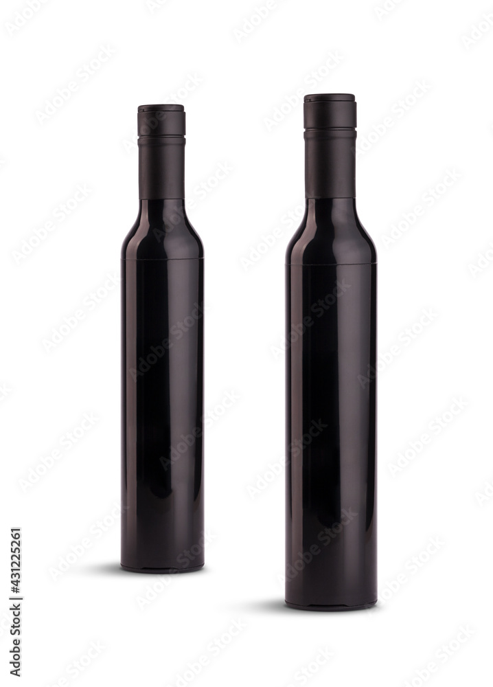 Black shiny bottles object for branding front view mock up arrangement isolated on white background with copy space studio shot