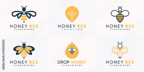 Set of bee logo combined with pin and water drop style, Honey bee logo design Premium Vector