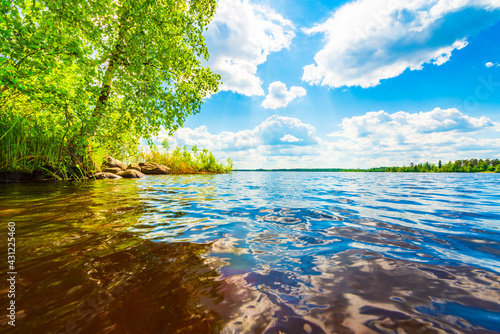 Forest lake with trees growing on the shore. Close up view from the water level. Waves on the lake. Cumulus clouds. Sunlight illuminates the trees. Beautiful nature. Russia, Europe.