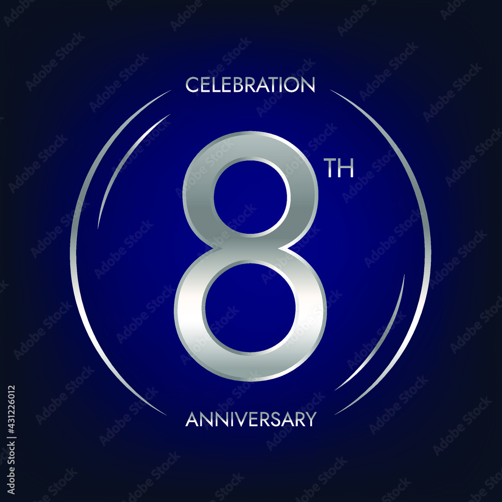 8th anniversary. Eight years birthday celebration banner in silver color. Circular logo with elegant number design. 8th anniversary. Eight years birthday celebration banner in silver color. Circular logo with elegant number design.