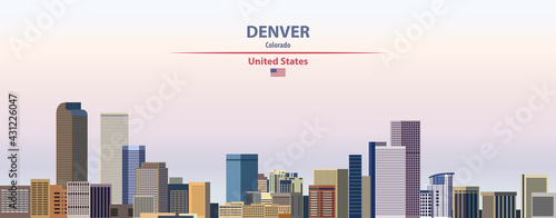 Denver cityscape on sunset sky background vector illustration with country and city name and with flag of United States
