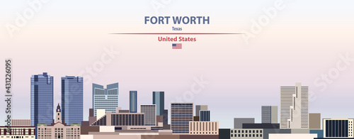 Fort Worth cityscape on sunset sky background vector illustration with country and city name and with flag of United States