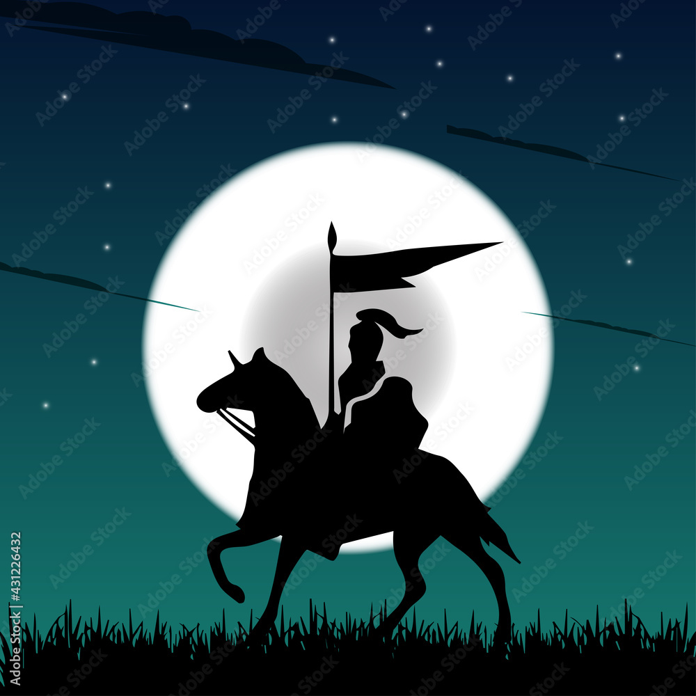Silhouette of a medieval knight on a horse carrying a flag on the ...