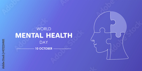 Puzzle shaped head lacking one piece in one line drawing. Horizontal banner notification about World Mental health day. Vector illustration