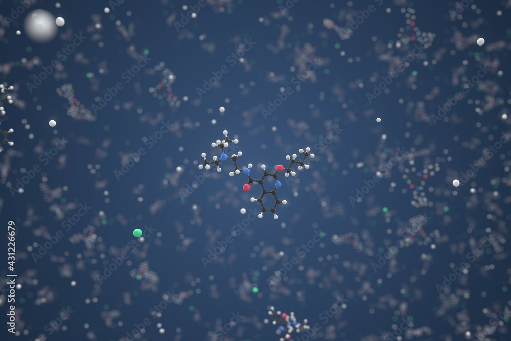 Dibucaine hydrochloride molecule made with balls, conceptual molecular model. Chemical 3d rendering Dibucaine hydrochloride molecule made with balls, conceptual molecular model. Chemical 3d rendering