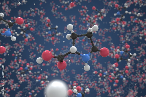 Pyroglutamic acid molecule made with balls, scientific molecular model. Chemical 3d rendering