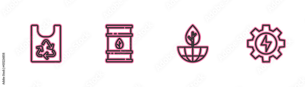 Set line Plastic bag with recycle, Earth globe and plant, Bio fuel barrel and Gear lightning icon. Vector Set line Plastic bag with recycle, Earth globe and plant, Bio fuel barrel and Gear lightning icon. Vector