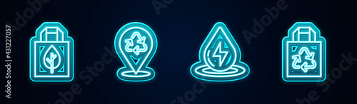 Set line Shopping bag with recycle, Recycle, Water energy and Paper. Glowing neon icon. Vector