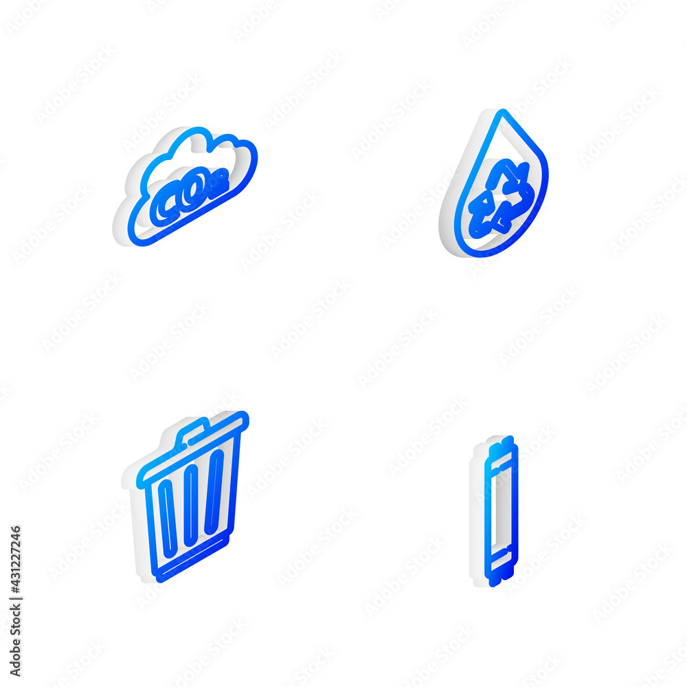 Set Isometric line Recycle clean aqua, CO2 emissions in cloud, Trash can and Fluorescent lamp icon. Vector Set Isometric line Recycle clean aqua, CO2 emissions in cloud, Trash can and Fluorescent lamp icon. Vector