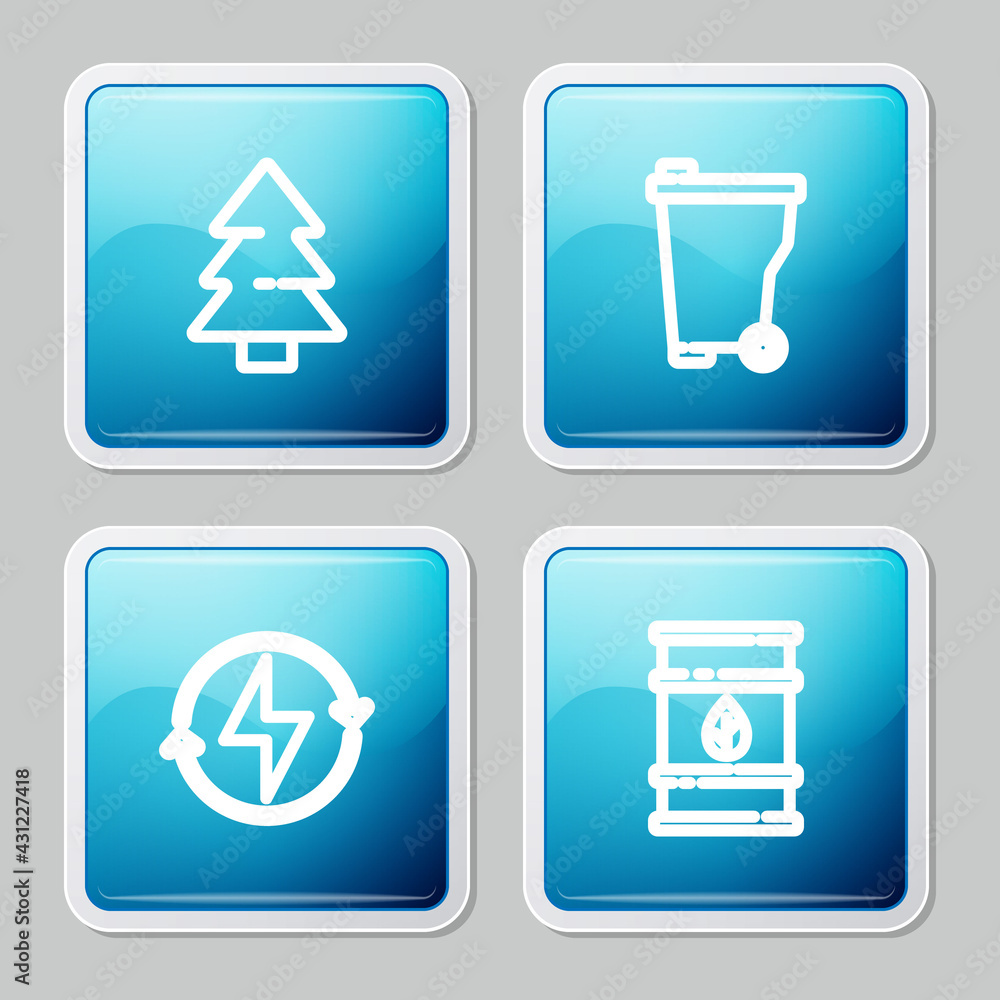 Set line Christmas tree, Trash can, Lightning bolt and Bio fuel barrel icon. Vector Set line Christmas tree, Trash can, Lightning bolt and Bio fuel barrel icon. Vector
