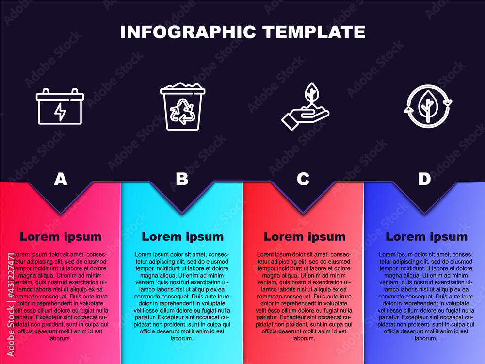 Set line Car battery, Recycle bin with recycle, Plant hand and leaf. Business infographic template. Vector Set line Car battery, Recycle bin with recycle, Plant hand and leaf. Business infographic template. Vector