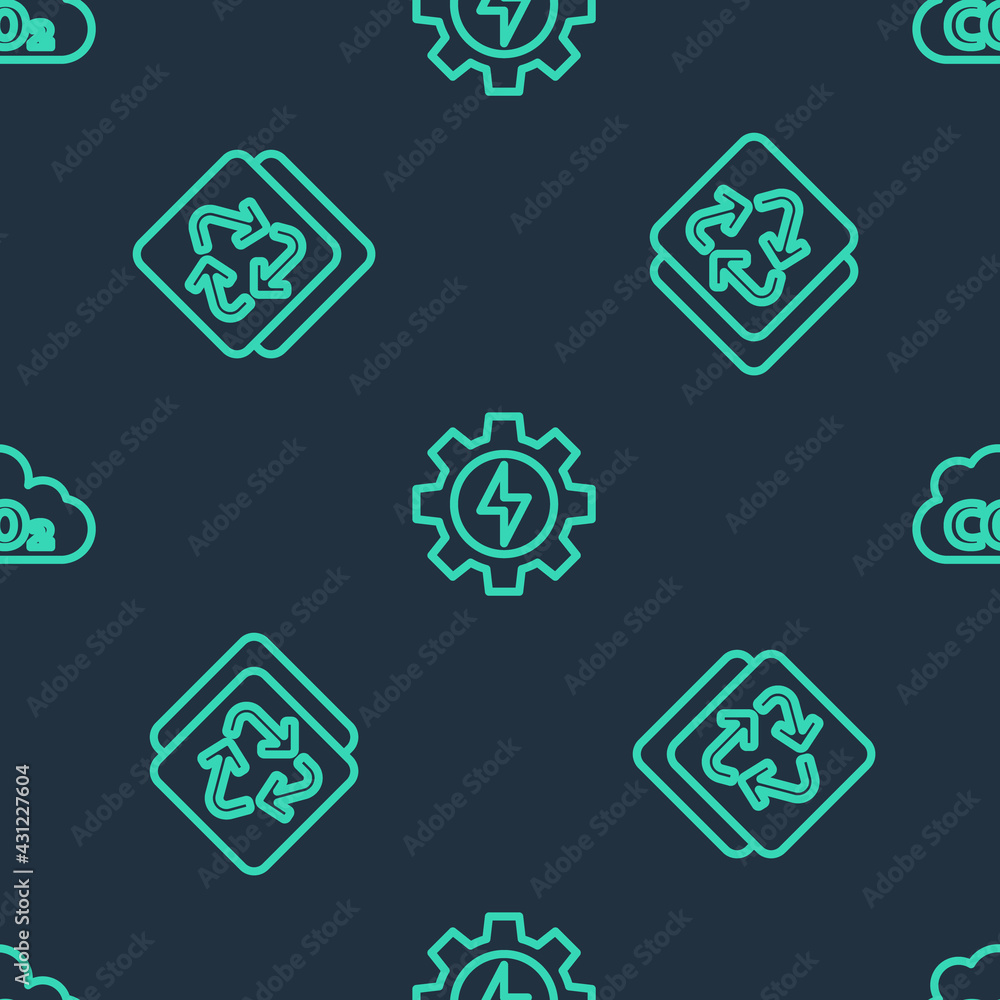 Set line Gear and lightning, Recycle and CO2 emissions cloud on seamless pattern. Vector Set line Gear and lightning, Recycle and CO2 emissions cloud on seamless pattern. Vector