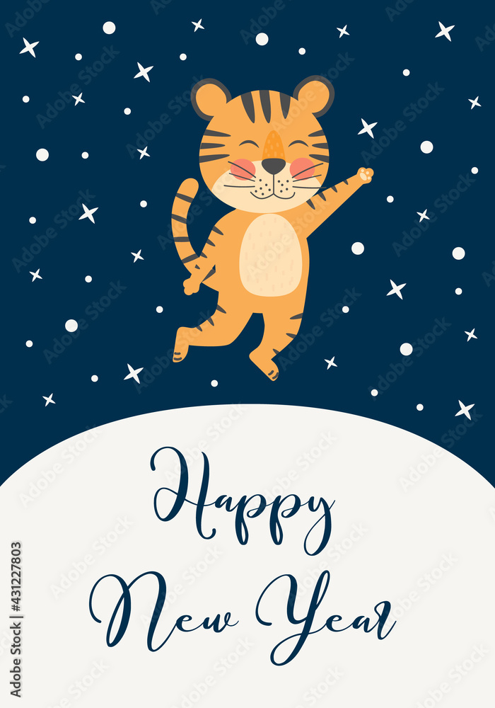 Fototapeta premium Happy New Year greeting card with cute tiger, symbol 2022, year mascot. Holiday winter and christmas concept with vector character