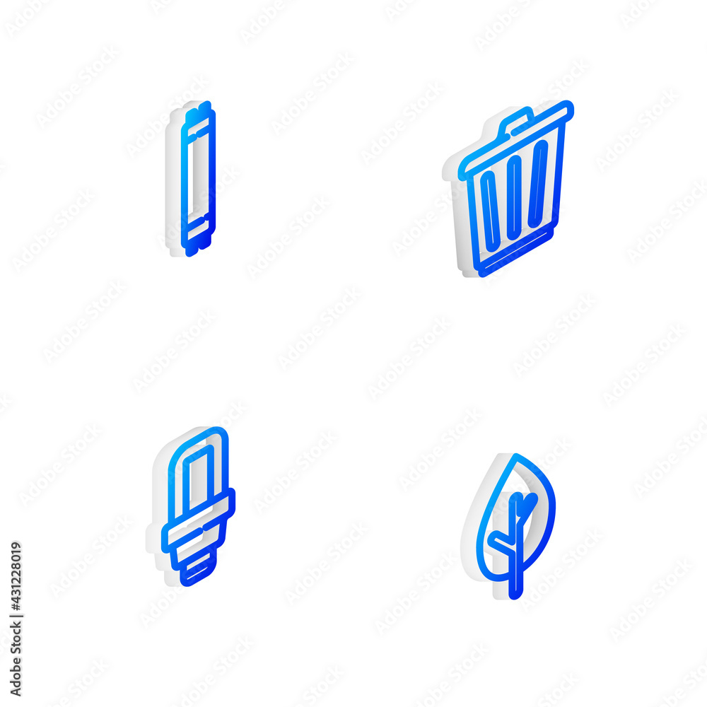 Set Isometric line Trash can, Fluorescent lamp, LED light bulb and Tree icon. Vector Set Isometric line Trash can, Fluorescent lamp, LED light bulb and Tree icon. Vector