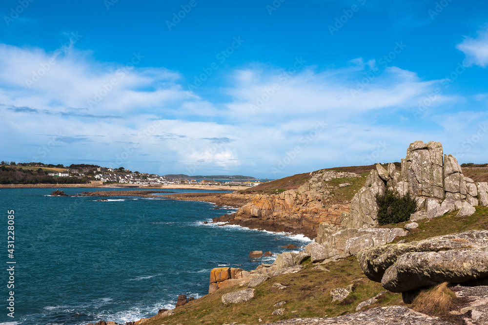Porthcressa and Hugh Town, from Peninnis Head, St. Mary's, Isles of Scilly, UK on a bright Spring day Porthcressa and Hugh Town, from Peninnis Head, St. Mary's, Isles of Scilly, UK on a bright Spring day