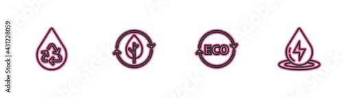 Set line Recycle clean aqua, Label for eco healthy food, and leaf and Water energy icon. Vector